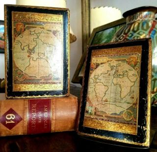 Vintage Florentine Bookends World Globe Hand Made In Italy By Florentia