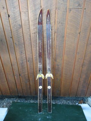 Vintage Hickory Wooden 54 " Skis With Brown Wood Finish Signed Holmkollen