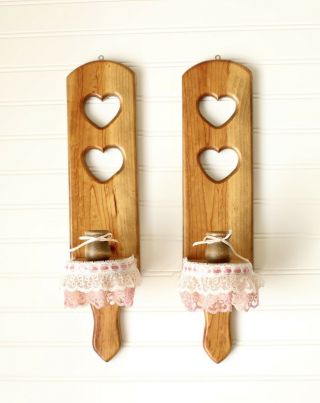 Pair Wood Wall Candle Holder Heart Country Vintage