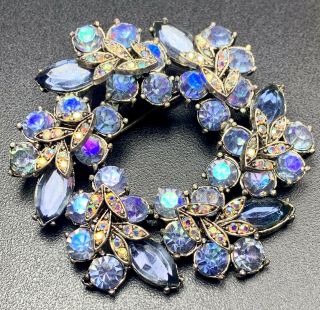 Vintage Brooch Pin Large 1.  5” Reef Blue Ab Marquise Rhinestones Silver Tone