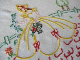 Vintage Tablecloth Hand Embroidered Crinoline Ladies & Flowers
