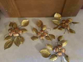 Vintage Homco Brass Copper Leaf Flower Wall Art Hanging Set Of 4 Mid Century Mod