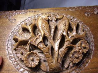 Vintage Hand Carved Secret Locking Large Wood Jewelry Box Carved Love Birds