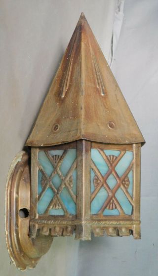 Antique Arts Crafts Tudor Gothic Mission Slag Art Glass Sconce Porch Light 1925