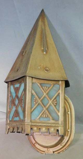Antique Arts Crafts Tudor Gothic Mission Slag Art Glass Sconce Porch Light 1925 2