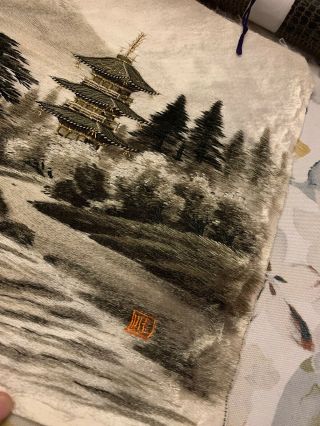 Vintage Mt Fuji Hand Embroidered Japanese Silk Picture Landscape Scene