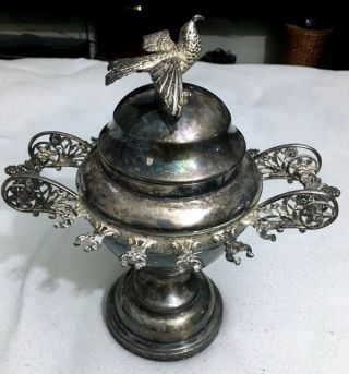 Vintage Silver Plate Spooner Sugar Bowl / Dish Bird Figurative Finial Patina