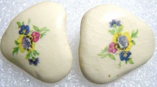 Vintage Ocean Tumbled White Pottery Shards W Flowers Clip - On Earrings Retro