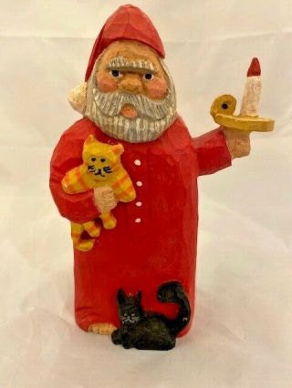 Vintage Hand Carved Wooden Santa With Cats - Jim Clement 1996