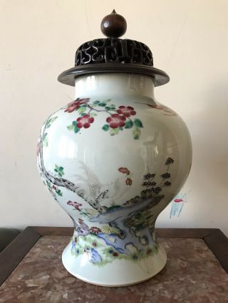Antique Chinese Porcelain Famille Rose Ginger Jar Wooden Lid Kangxi Style