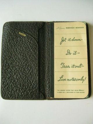 Robinson Reminder Brown Leather Case With Pad Paper Holder Memo Book Vintage