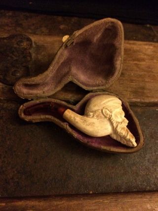 Vintage Meerschaum Hand Carved Pipe With Mans Head,  Slight Damage To Case