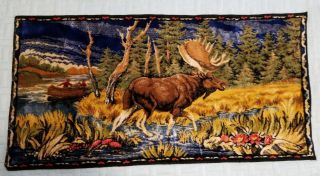 Moose Vtg Velvet Tapestry Rug Wall Hanging Moose Landscape 19 " ×37 " Canoe