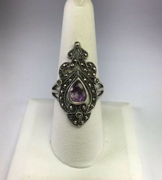 Vintage Sterling Silver & Pear Shaped Amethyst Crown Cocktail Ring Size 9 R226