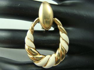Vintage Monet Gold Tone White Enamel Hoop Dangle Door Knocker Clip Earrings