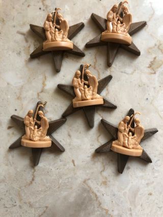 5 Vintage Brown Star With Holy Family Nativity Scene Ornament Key Ring Plastic