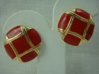 Vintage Monet Red Enamel Gold Tone Round Clip Earrings
