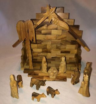 Olive Wood Nativity Set Hand Carved Bethlehem Israel Vintage