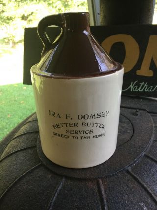 Antique Vtg Stoneware Pottery Whiskey Jug Advertising Bottle Butter Ira Domser