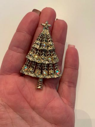 Vintage Gold Tone Rhinestone Christmas Tree Holiday Brooch Pin