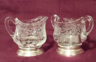 Sheffield Sterling Silver & Etched Glass Cream And Sugar Chantilly Cambridge
