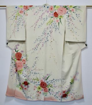 Japanese Kimono Silk Semi - Antique Houmongi / Gorgeous Flower / Vintage /203