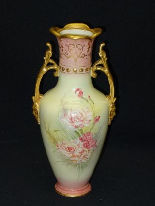 Antique C.  1890 Franz Anton Mehlem Royal Bonn Floral Vase W/ Bacchus Head Handle