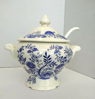Vintage Blue White Ceramic,  Soup Tureen,  Lid And Ladle Japan.  Bowl.  Rare.