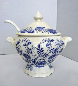 Vintage Blue white Ceramic,  Soup Tureen,  Lid and Ladle Japan.  Bowl.  Rare. 2