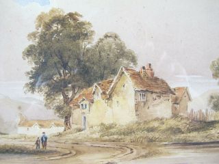 Antique Ca 1825 English Watercolor Painting Farm House W/man & Child Walking Yqz