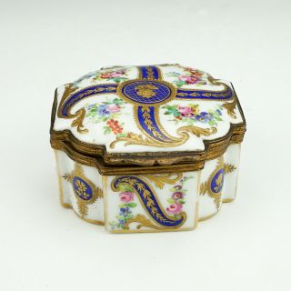 Antique Sevres Porcelain - Hand Painted Flowers - Blue Glaze & Textured Gilt Box