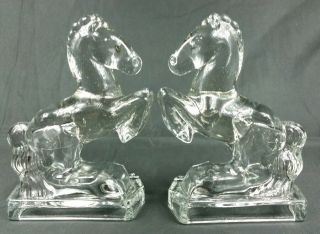 Vintage L.  E.  Smith Glass Rearing Horse Bookends Crystal Clear Figurines Euc