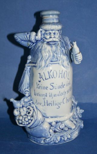 Antique German Porcelain Schafer & Vater Flow Blue Santa Claus Figural Bottle 8 "