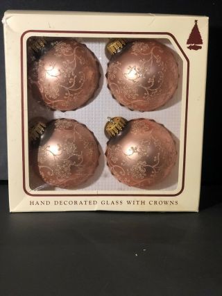 4 Pink Vintage Hand Decorated Krebs Stencil Round Ball Christmas Ornaments W/box