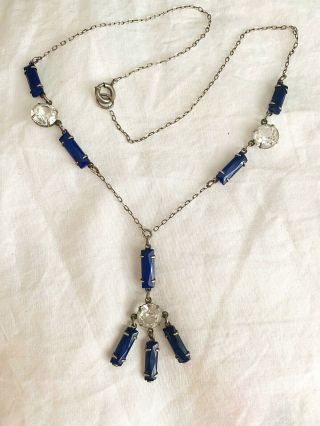 Vintage Antique Art Deco Crystal Blue Paste Sterling Open Back Lariat Necklace
