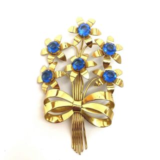 Vintage Sterling Flower Bunch Bouquet Pin Brooch Blue Rhinestones 3.  5 "