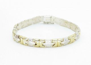 925 Sterling Silver - Vintage Two Tone Shiny Square Link Chain Bracelet - B5969 2