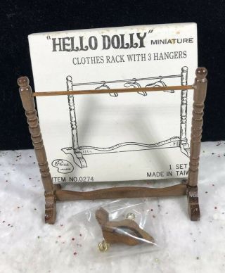 Hello Dolly Miniature Clothes Rack With 3 Hangers Wooden Vintage