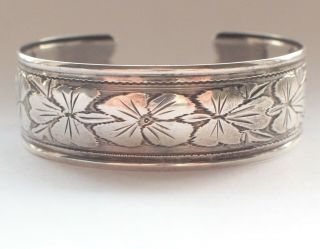 Stunning Thick Big Antique 925 Sterling Silver Bangle Engraved Retro Flower 20g