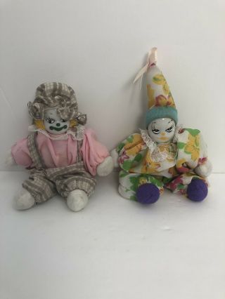 Set Of 2 Vintage Ceramic / Porcelain Face Sand Bag Body Clown Dolls 5” And 6”