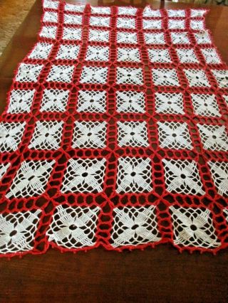 Vintage Hand Crocheted Red And White Square.  42 " X 52 " Table Cloth/runner