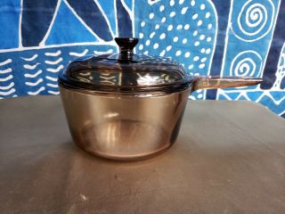 Vintage Corning Vision Ware Amber 1.  5 Liter Sauce Pan With Lid Green Cooking