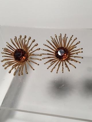 Vintage 1969’ Sarah Coventry Golden Mun Goldtone Amber Topaz Rhinestone Earrings
