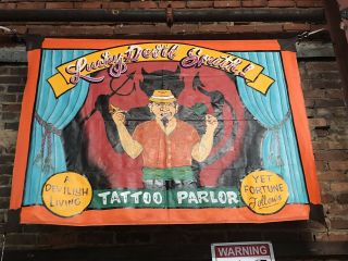 Large Vintage Hand Painted Tattoo Banner Lucky Devil South