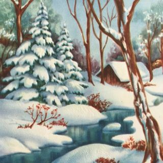 Vintage Early Mid Century Christmas Greeting Card Snowy Pine Trees By Stream