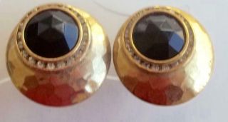 Miriam Haskell Vintage Earrings Black & Ice Rhinestones Hammered Russian Gold