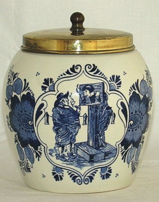 Blue Delft Tobacco Jar Humidor Handpainted Van Rossems Toeback Anno 1750 Vintage