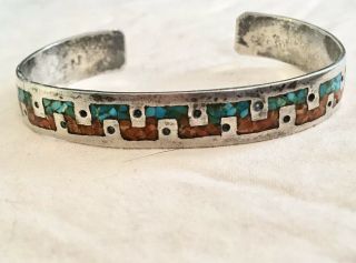 Vintage Navajo 925 Sterling Silver Turquoise Coral 5 1/2 " Cuff Bracelet 16.  2g