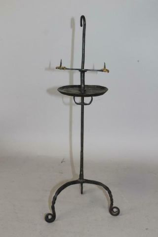 A Rare Early 18th C Wrought Iron Table Top Double Candle Holder In Old Surface