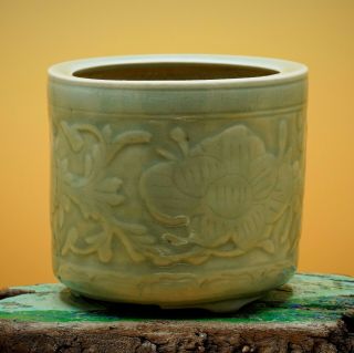 Large Antique - Chinese Longquan Porcelain Hand Carved,  Celadon Bitong Brush Pot